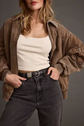 Sawyer Washed Brown Oversized Bomber Jacket