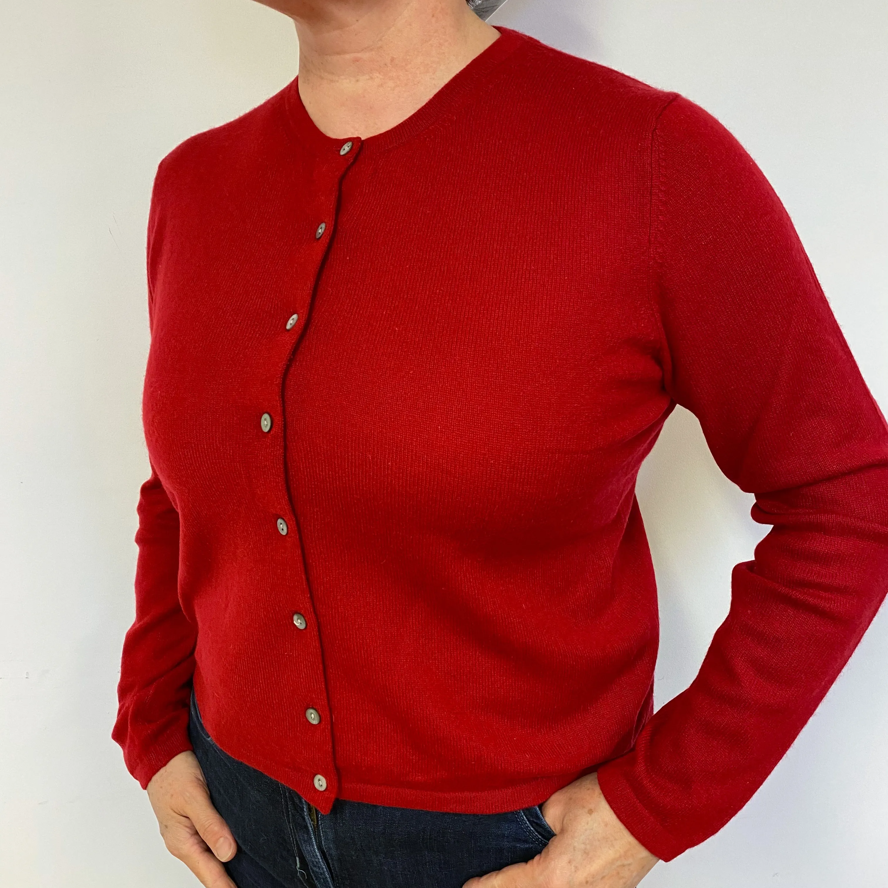 Scarlet Red Cashmere Crew Neck Cardigan Large