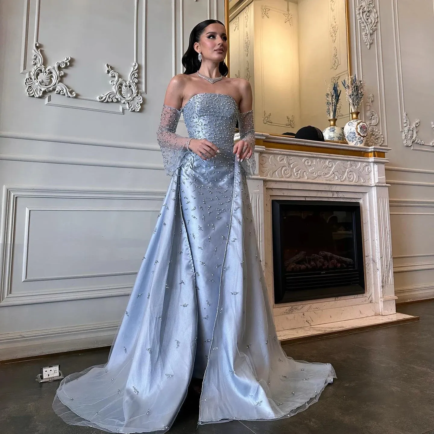 Silver Gray Evening Gown with Overskirt
