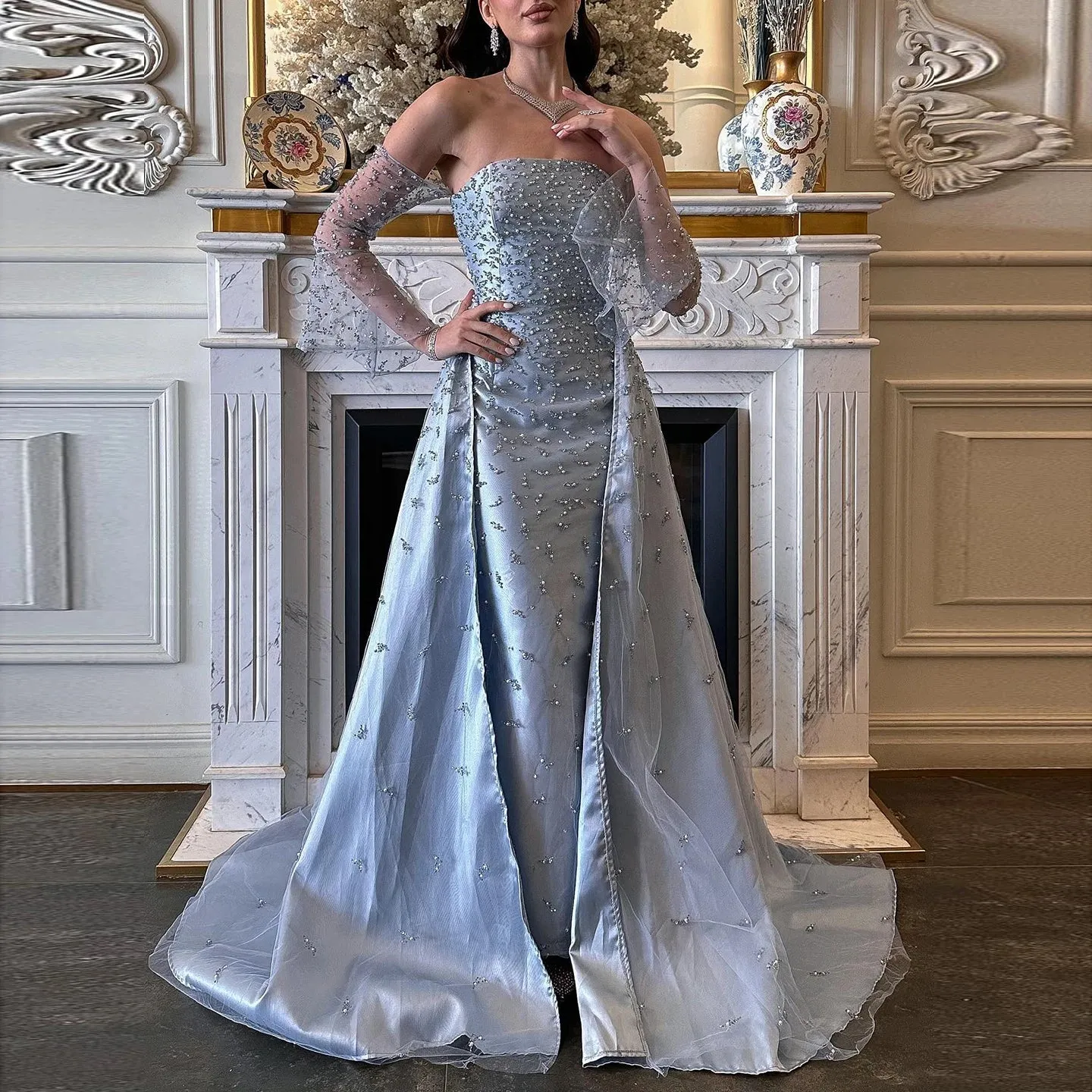Silver Gray Evening Gown with Overskirt