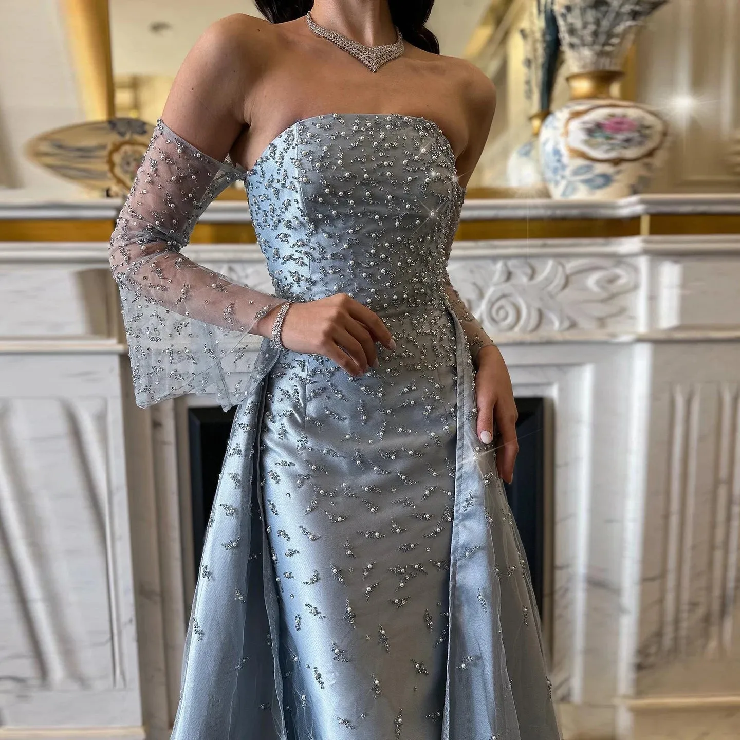 Silver Gray Evening Gown with Overskirt