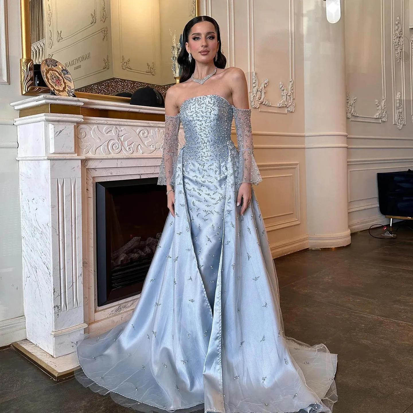 Silver Gray Evening Gown with Overskirt