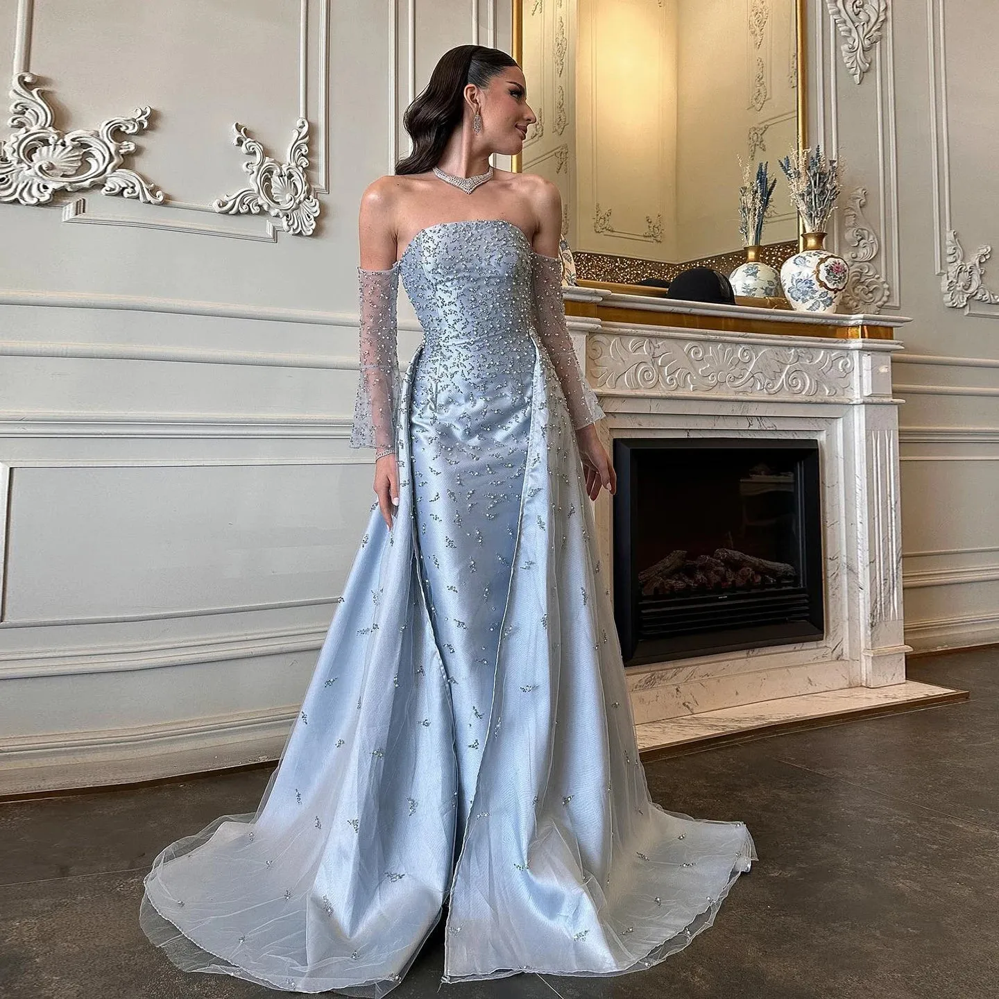 Silver Gray Evening Gown with Overskirt