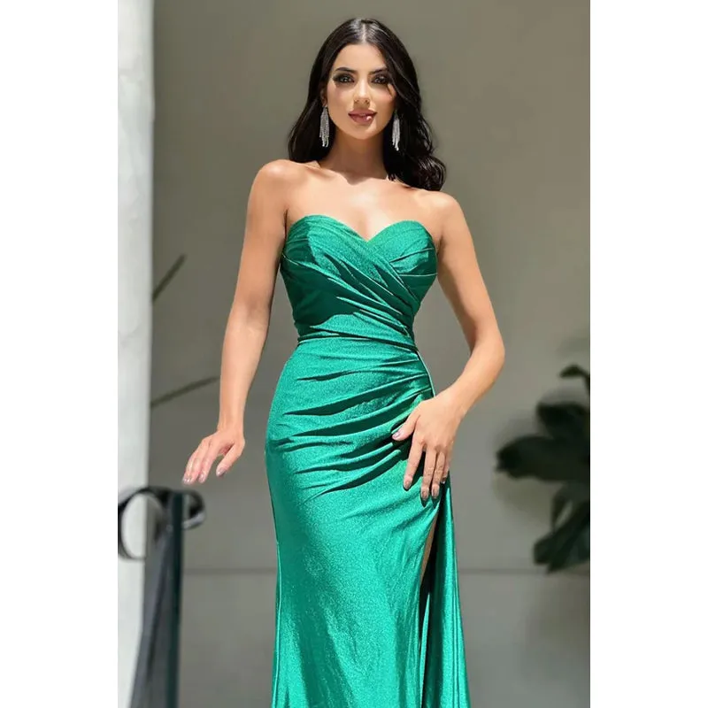 Simple Casual Ruched Sweetheart Sleeveless Side Slit Prom Dresss