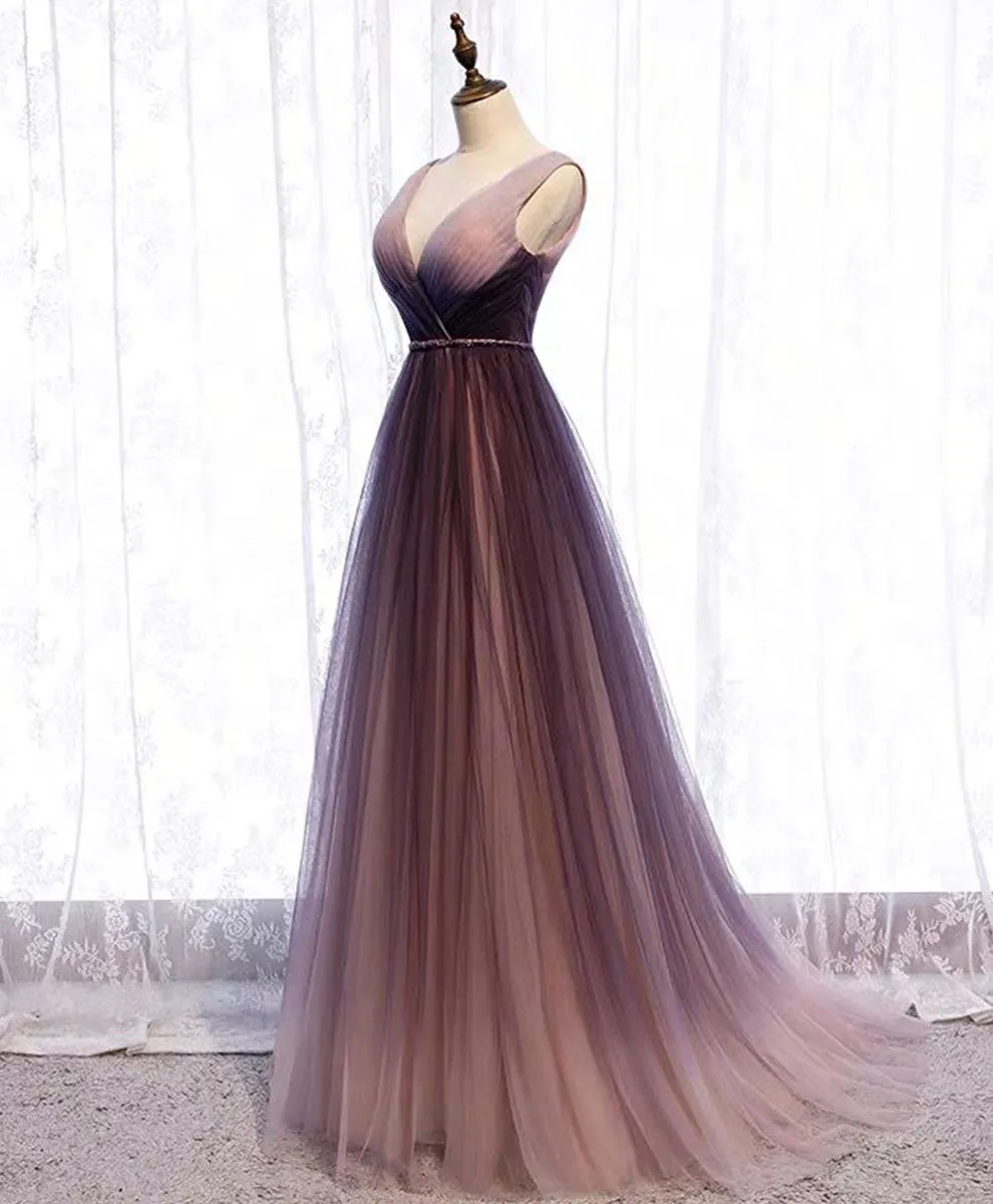 Simple V Neck Tulle Long Prom Dress Tulle Evening Dress