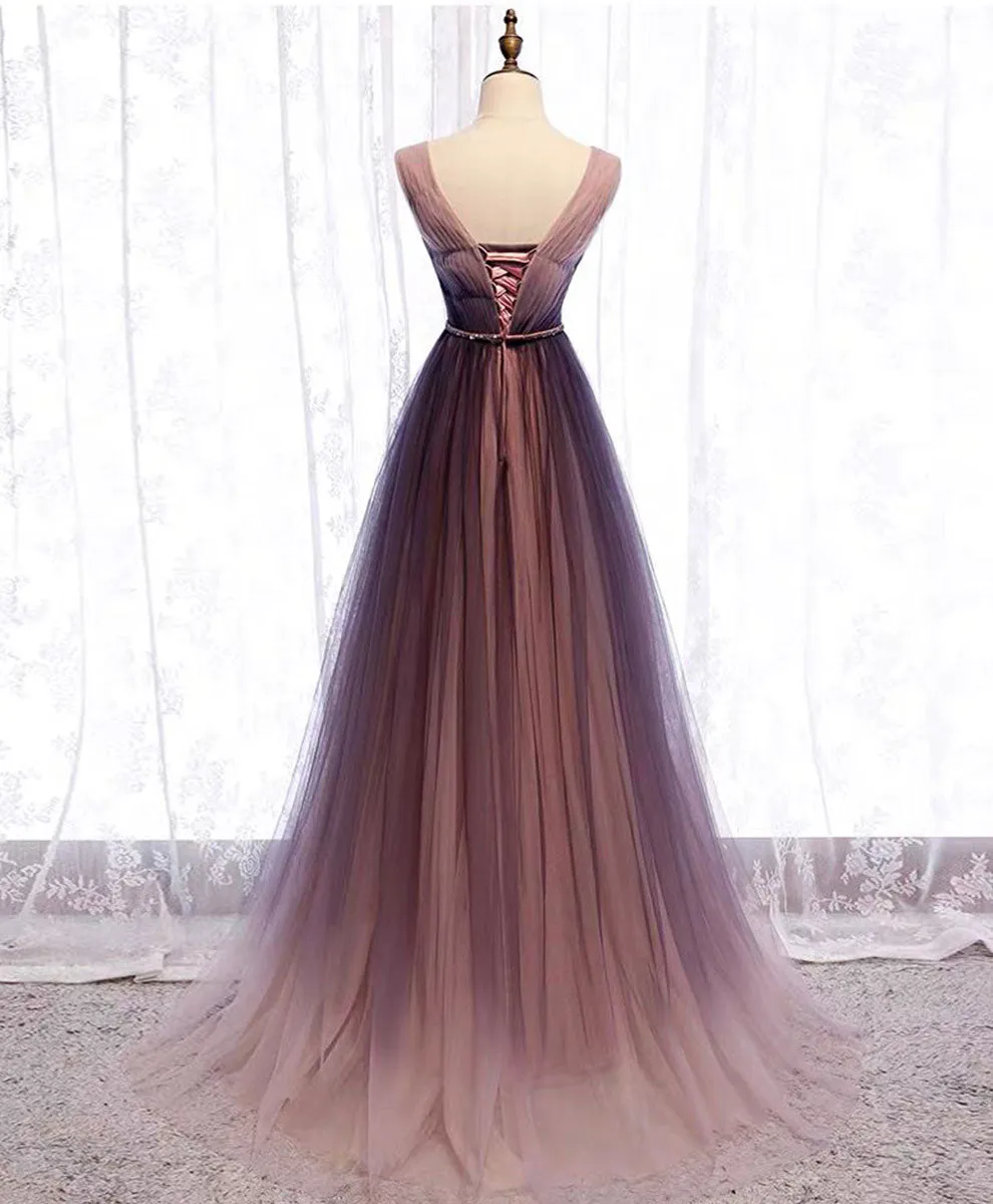 Simple V Neck Tulle Long Prom Dress Tulle Evening Dress