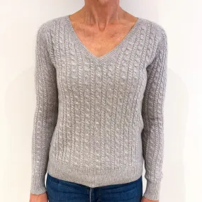 Smoke Grey Cable Knit Cashmere V-Neck Jumper Small