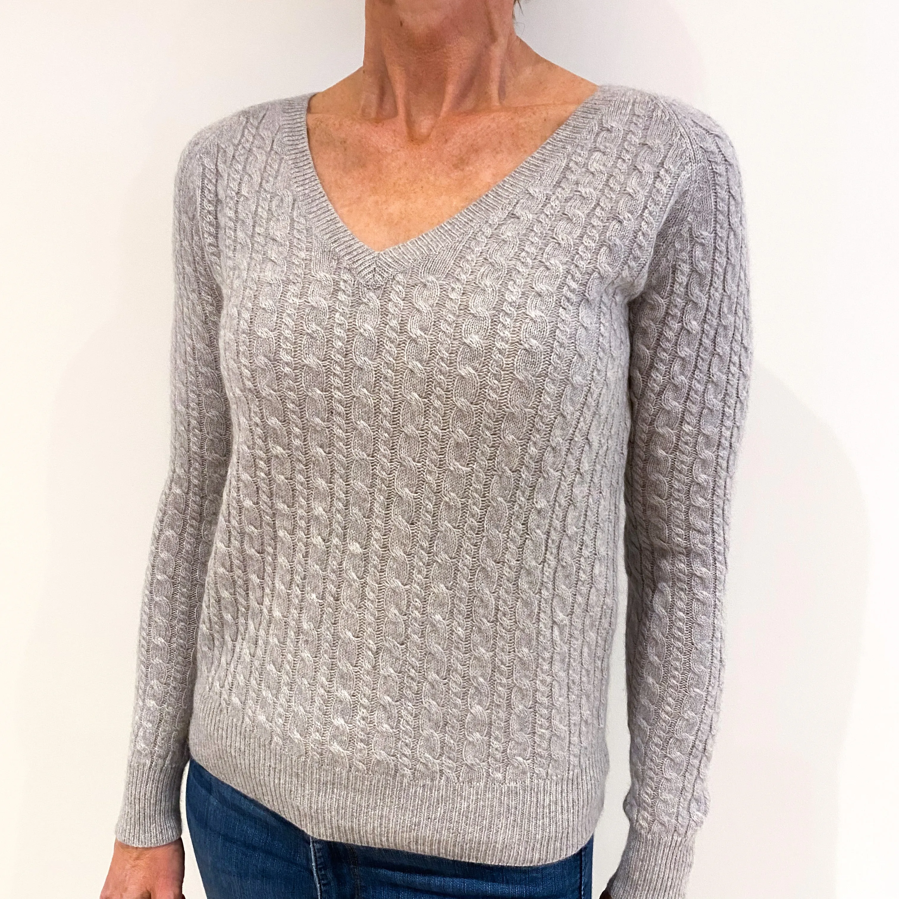 Smoke Grey Cable Knit Cashmere V-Neck Jumper Small