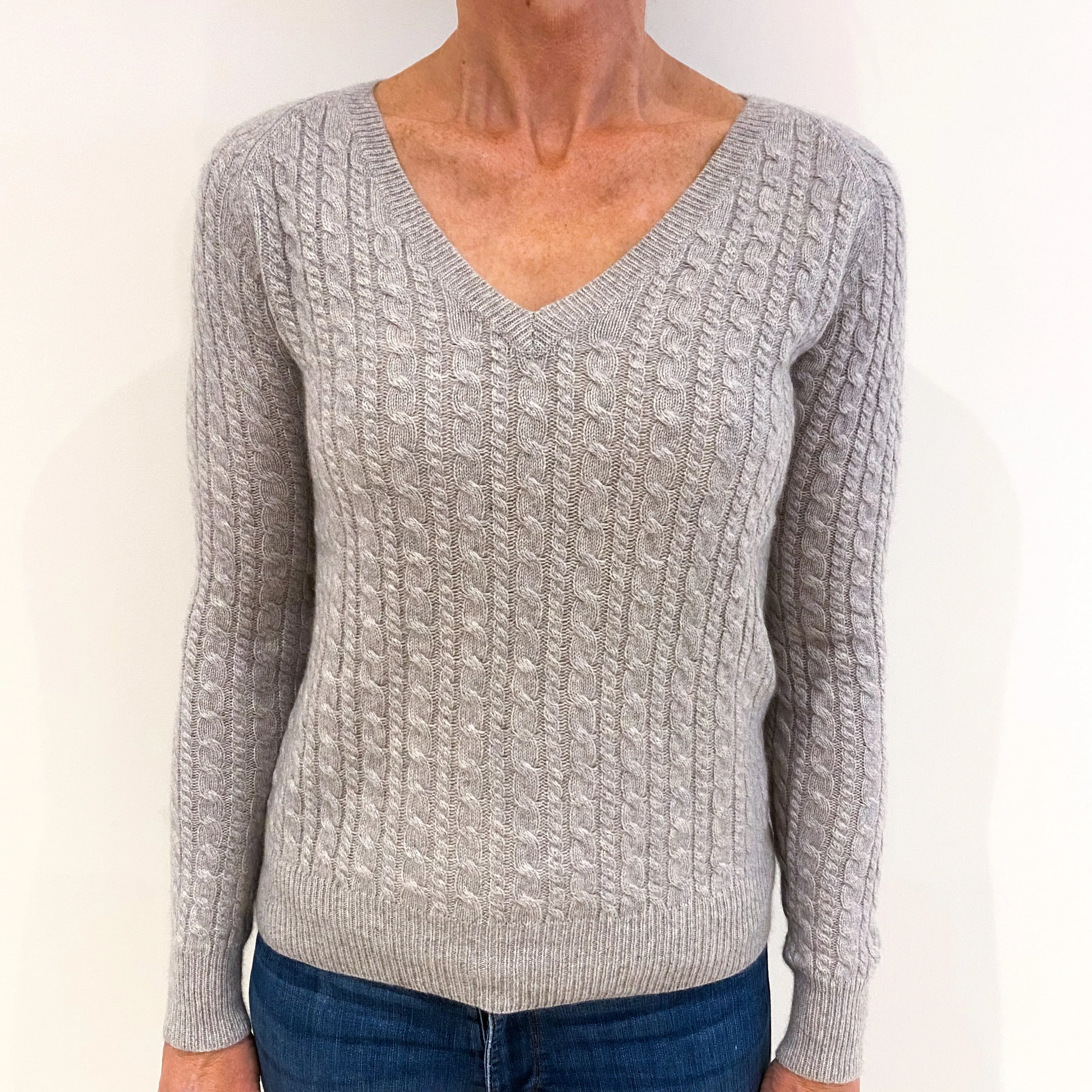 Smoke Grey Cable Knit Cashmere V-Neck Jumper Small