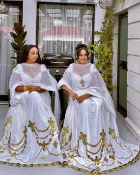 Sparkling Golden Modern  Habesha Dress: with Cross-Stitch Intricate Embroidery Traditional Ethiopian Dress