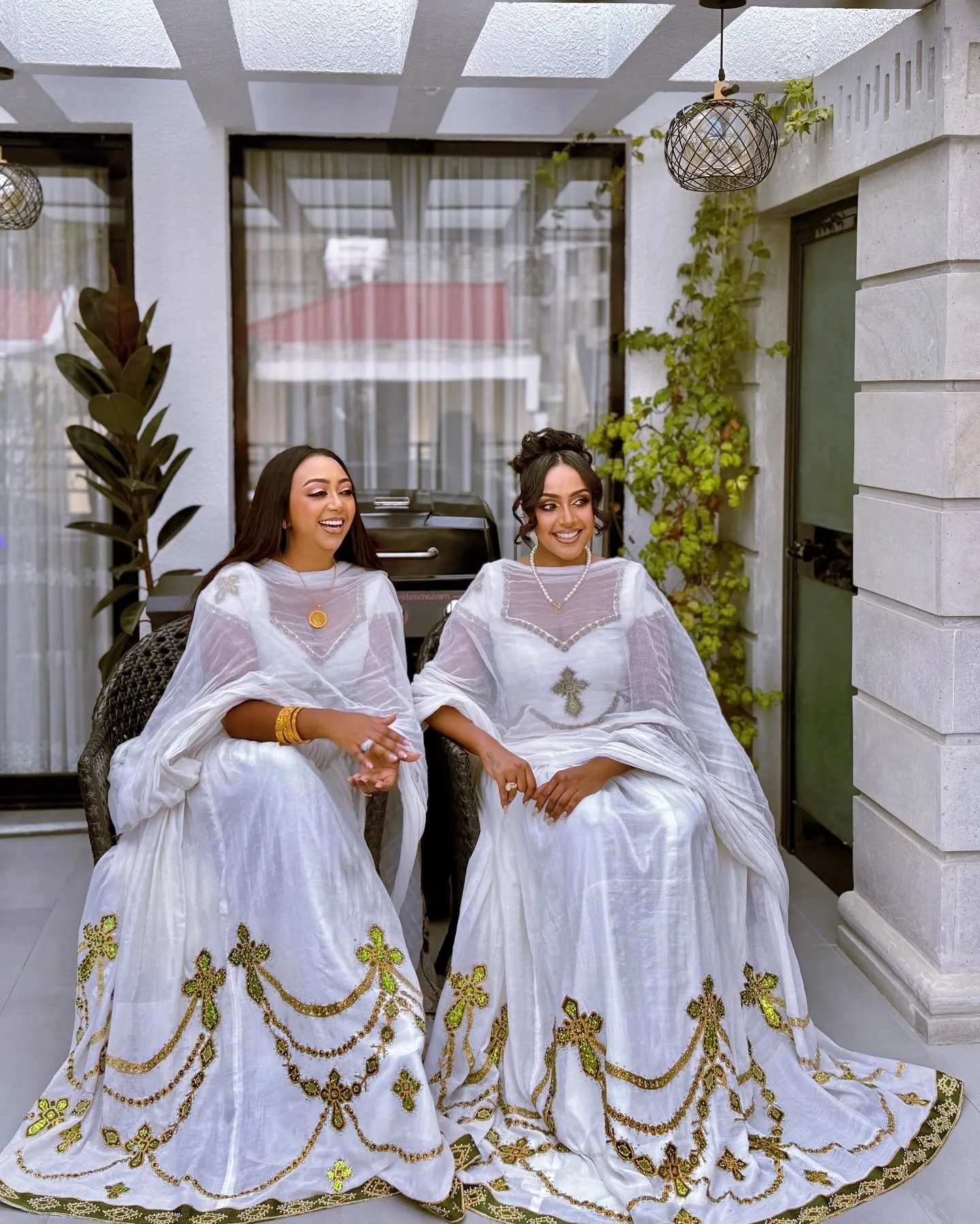 Sparkling Golden Modern  Habesha Dress: with Cross-Stitch Intricate Embroidery Traditional Ethiopian Dress