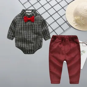 Spring 3- Piece Baby Boys Clothes Set Checked Bodysuit and Corduroy Pants and Bow Tie