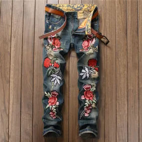 Spring Punk Men's Embroidered Rose Denim Casual*