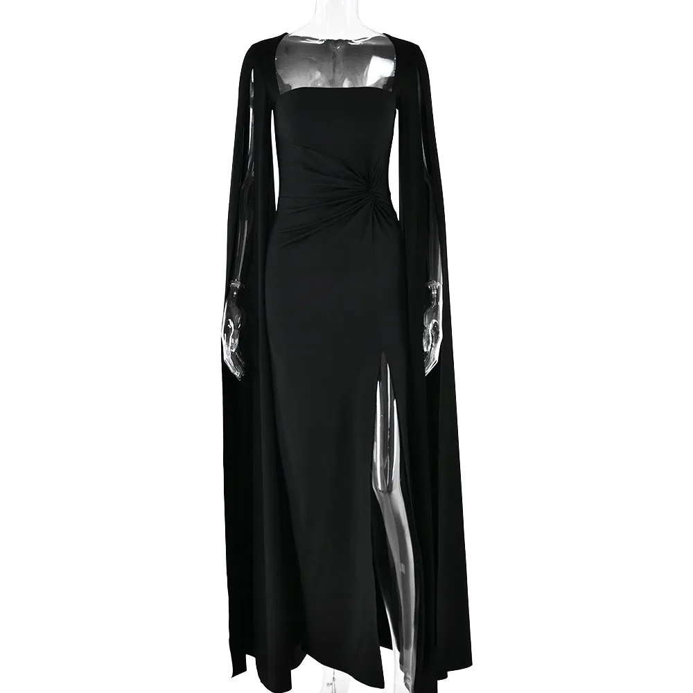 Square Collar Mop Long Sleeve High Slit Party Dress