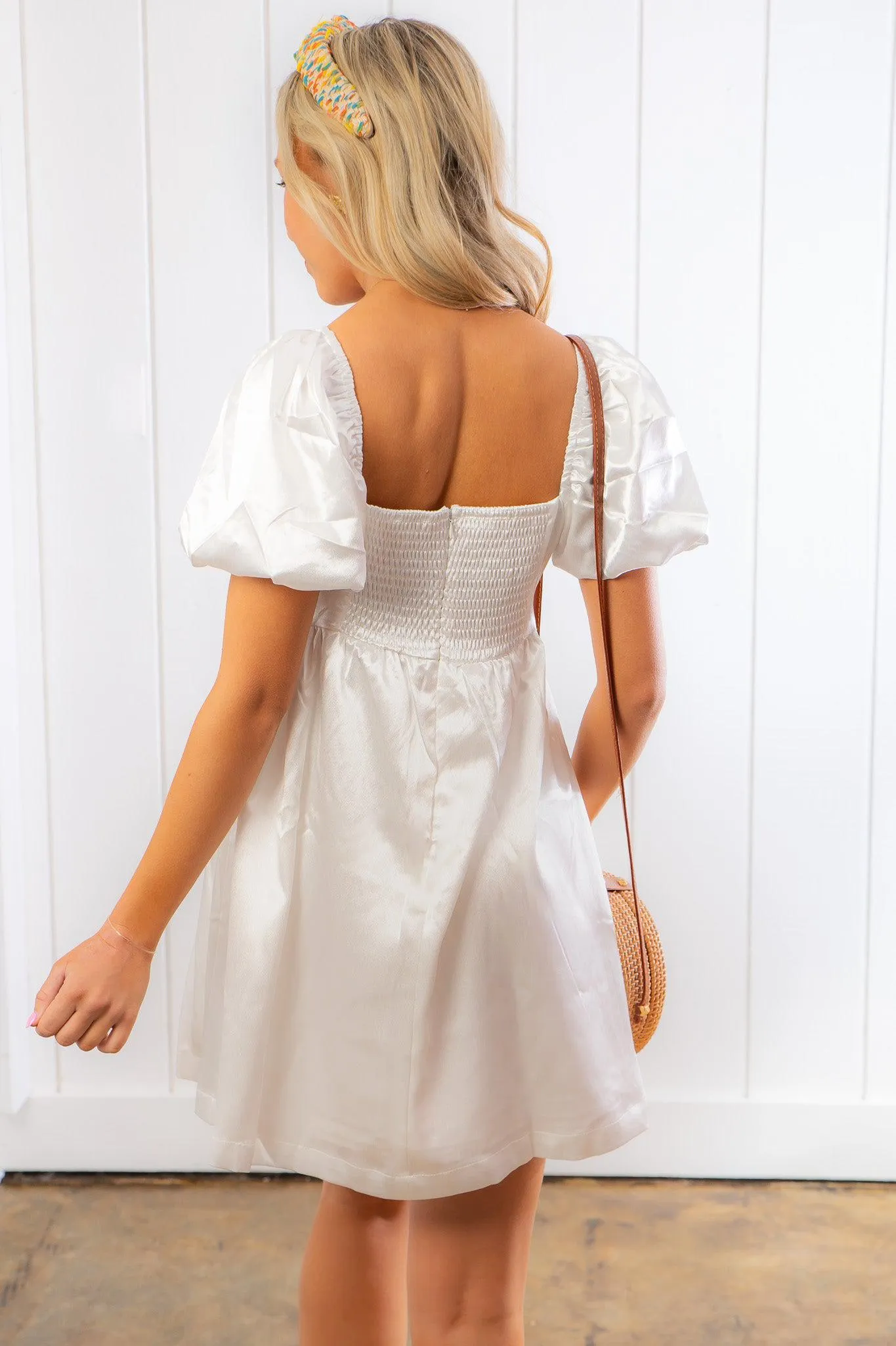 Stole My Heart White Shimmer Babydoll Mini Dress