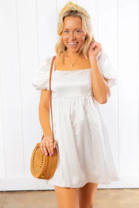 Stole My Heart White Shimmer Babydoll Mini Dress