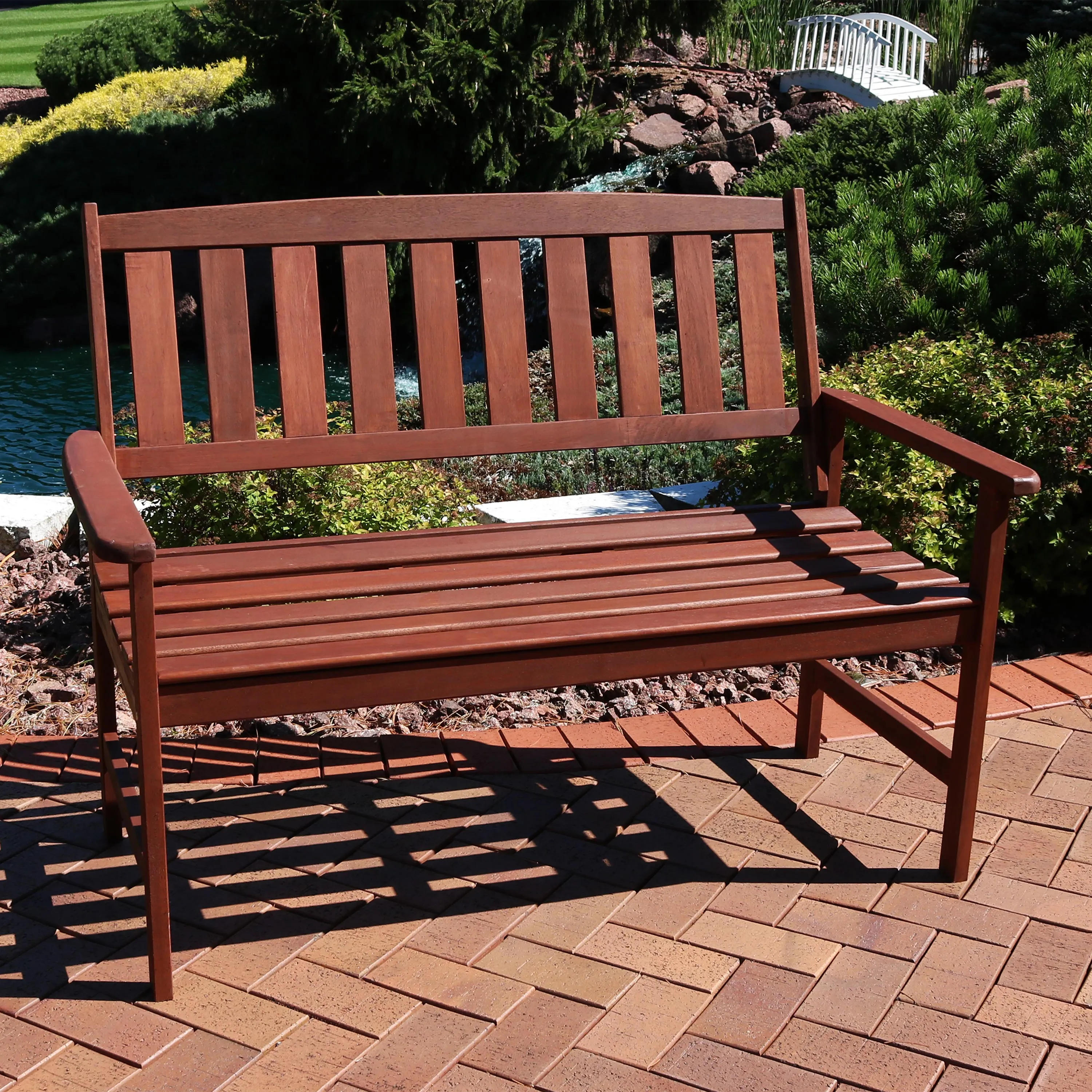 Sunnydaze Meranti Wood 2-Seat Bench with Teak Oil Finish