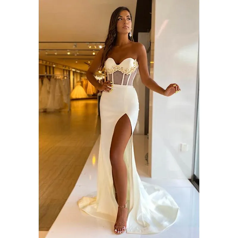Sweetheart Strapless Floral Appliqued Satin Sheath Long Evening Dress