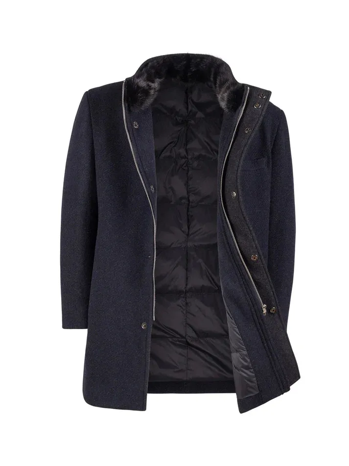 T.O. Boys Solid Navy Blue 3/4 Length Wool Blend Down Overcoat