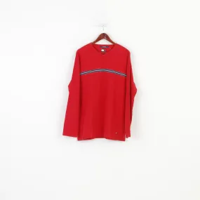 Tommy Hilfiger Men L Jumper V Neck Red Classic Cotton Vintage Sweater