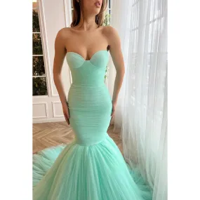 Trumpet/Mermaid Strapless Tulle Zipper-Up Sleeveless Prom Dress
