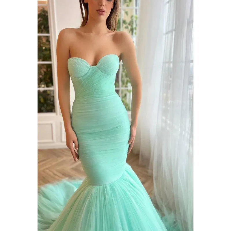 Trumpet/Mermaid Strapless Tulle Zipper-Up Sleeveless Prom Dress
