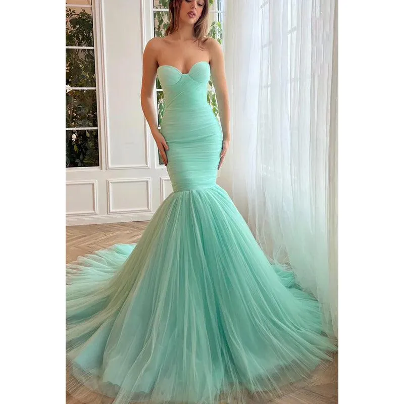 Trumpet/Mermaid Strapless Tulle Zipper-Up Sleeveless Prom Dress