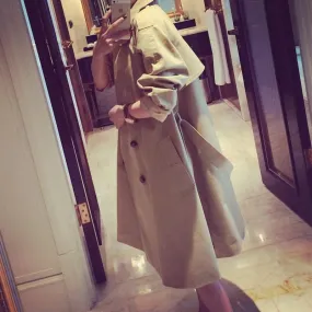 Turn-down Collar Belt Slim Double Button Mid-length Coat