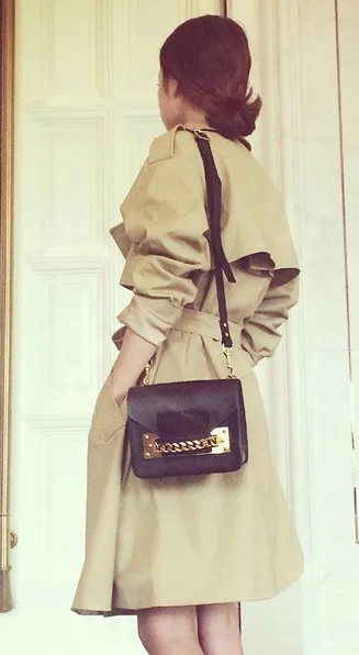 Turn-down Collar Belt Slim Double Button Mid-length Coat