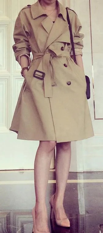 Turn-down Collar Belt Slim Double Button Mid-length Coat