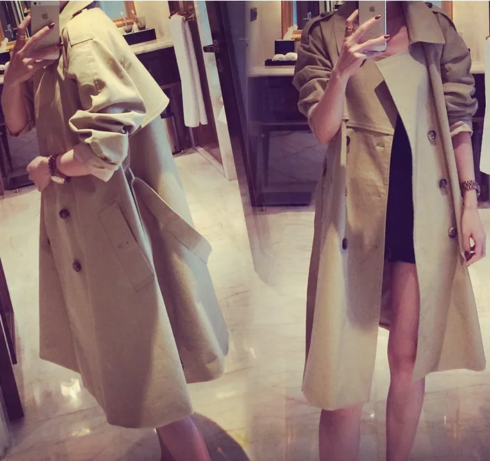 Turn-down Collar Belt Slim Double Button Mid-length Coat