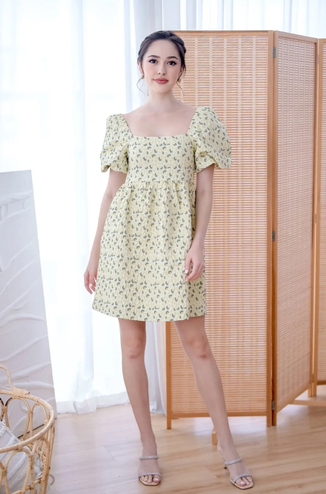Vanda Jacquard Puffy Sleeves Doll Dress - Yellow [XS/S/M/L/XL]