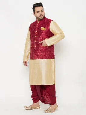 VASTRAMAY PLUS Men's Maroon Zari Weaved Nehru Jacket With Kurta Dhoti set