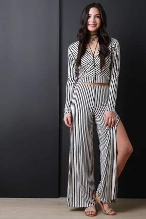 Vertical Stripe Slit Side Wide Leg Pants