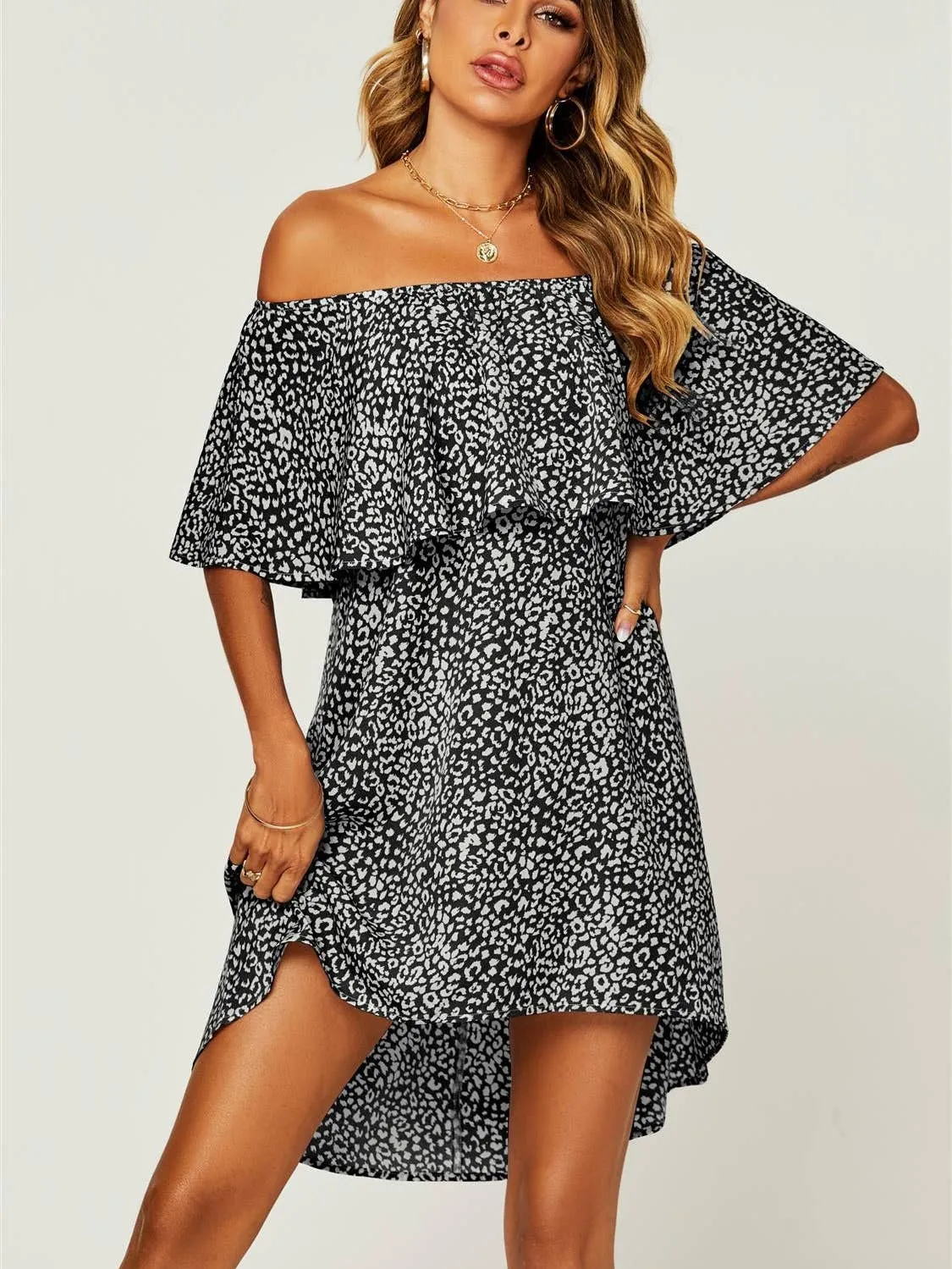Wedding Guests Leopard Print Bardot Frill Off Shoulder Mini Dress In Black