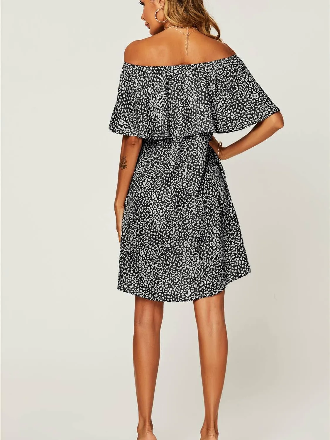 Wedding Guests Leopard Print Bardot Frill Off Shoulder Mini Dress In Black