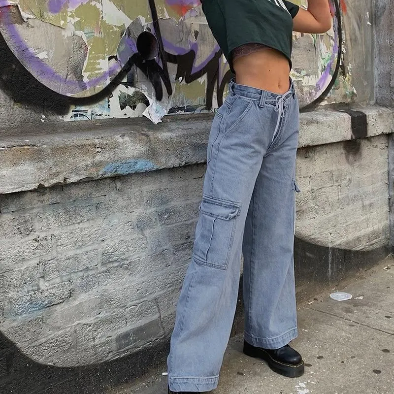 Weekeep Pockets Patchwork High Waist Jeans For Women