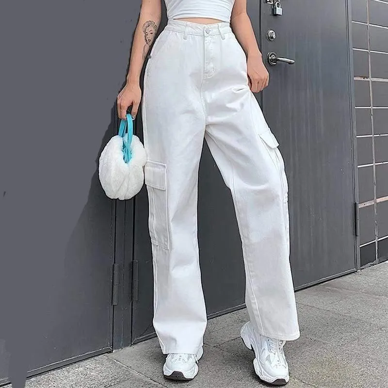 Weekeep Pockets Patchwork High Waist Jeans For Women