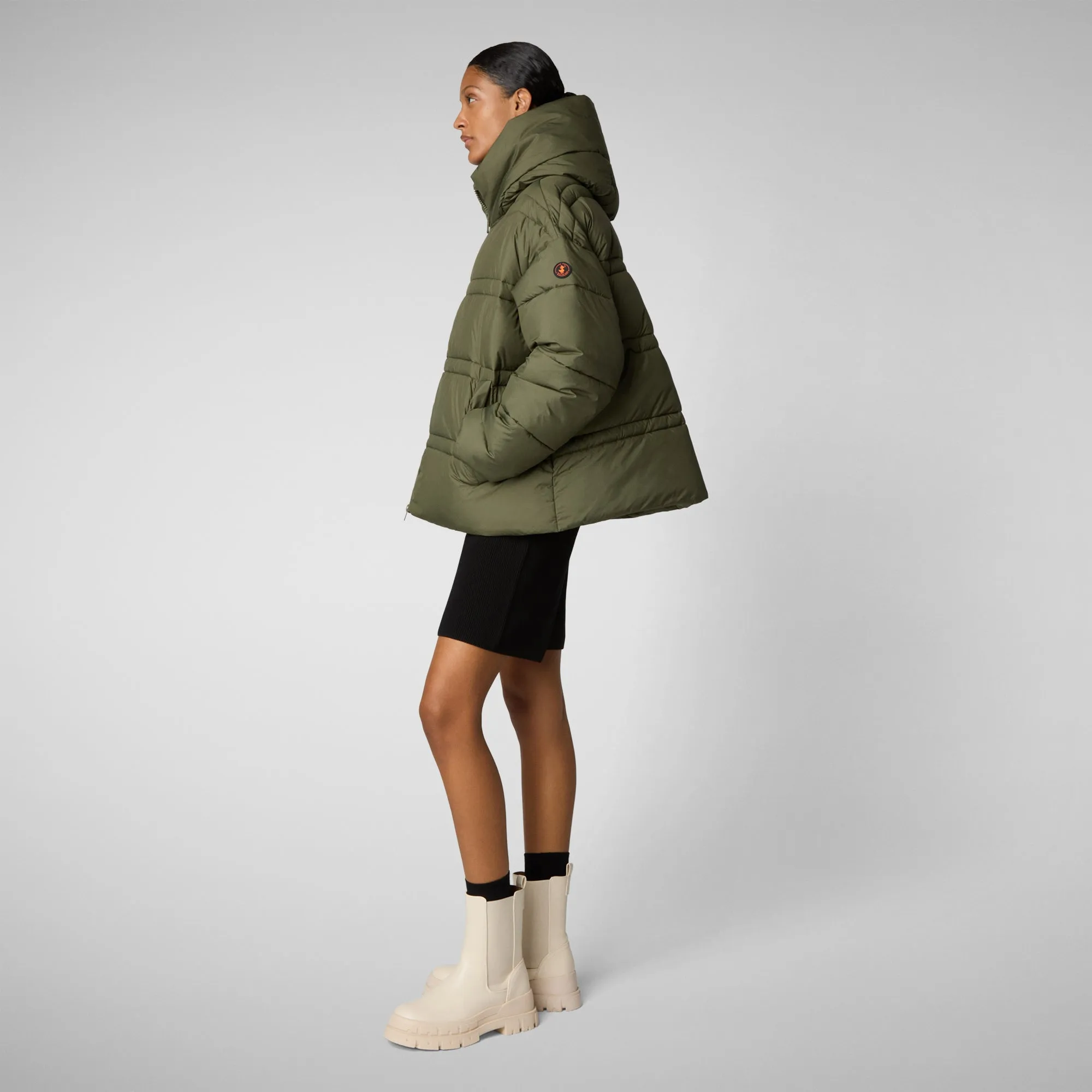 Woman's animal free hooded puffer jacket Keri in sherwood green