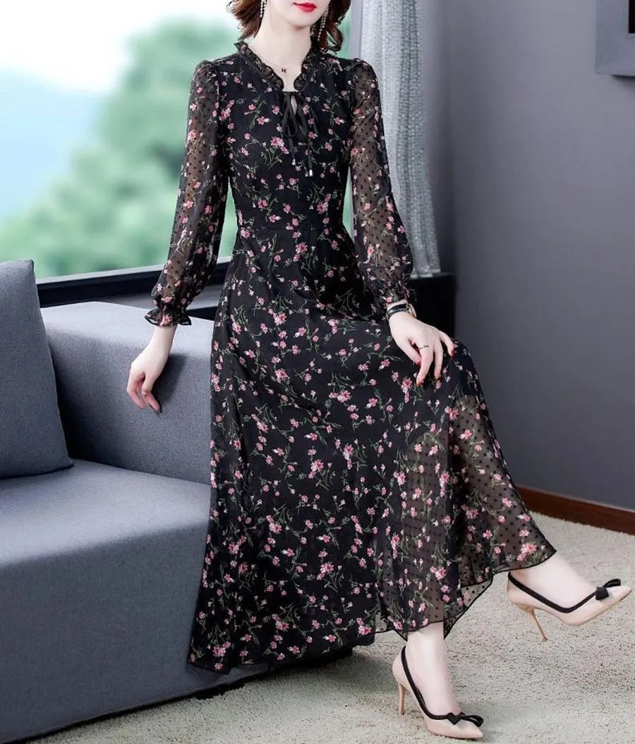 Women Floral Mid Dress Summer New Elegant Short Sleeve V- Neck Dress - WD8005