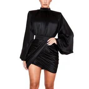 Women Long Sleeve Casual Satin Solid Color Mini Dress