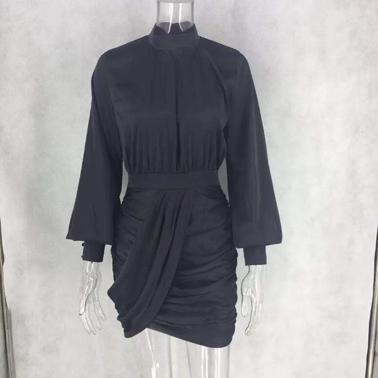 Women Long Sleeve Casual Satin Solid Color Mini Dress