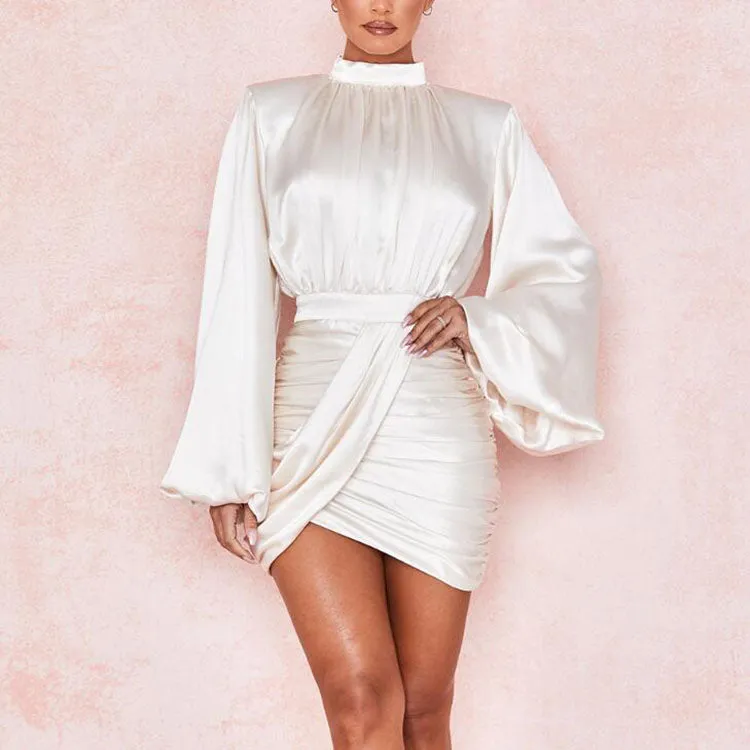 Women Long Sleeve Casual Satin Solid Color Mini Dress