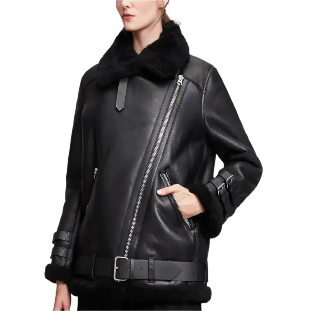 Women's Black B3 Bomber Leather Jacket – Warm & Classic Aviator Style