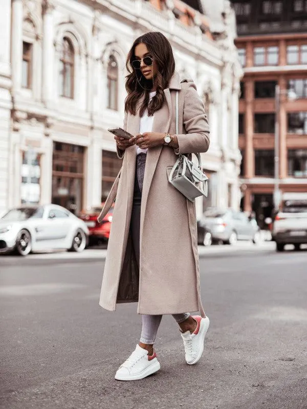 Women's Long Sleeve Wool Coat with Waist Tie in 4 Colors S-XXL