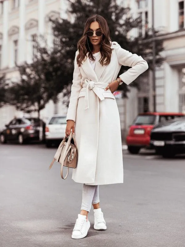 Women's Long Sleeve Wool Coat with Waist Tie in 4 Colors S-XXL