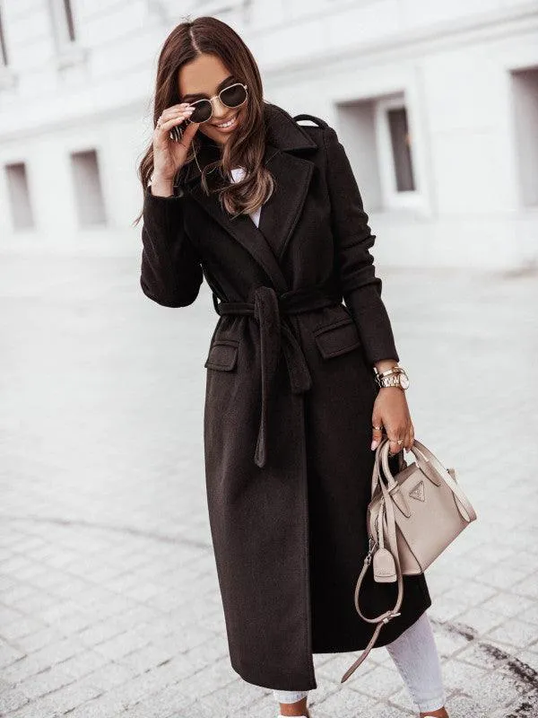 Women's Long Sleeve Wool Coat with Waist Tie in 4 Colors S-XXL