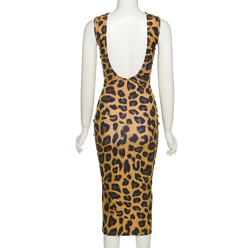 Womens Sexy Leopard Print Backless Dress SIZE S-L