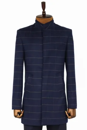 WSS Plaid Standing Collar Navy Blue Men Coat  - Singen