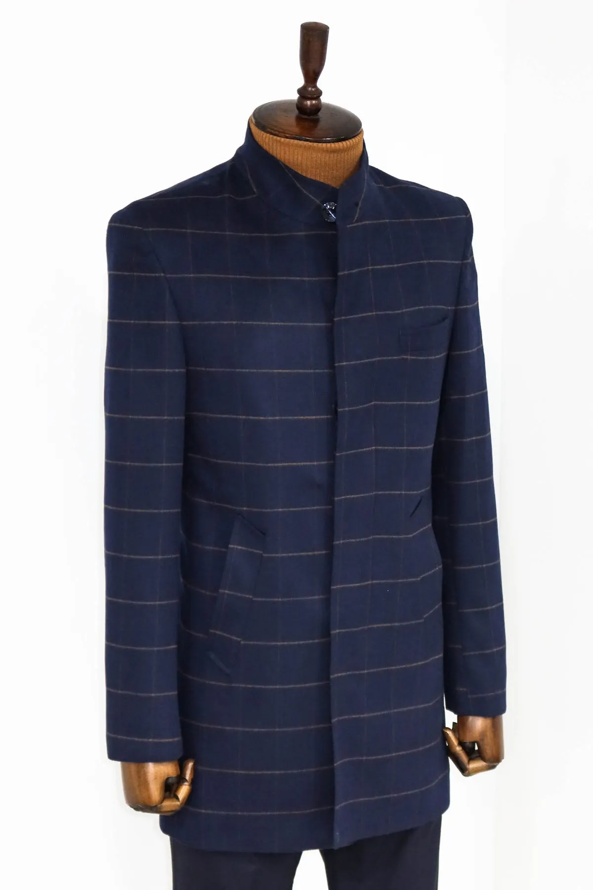 WSS Plaid Standing Collar Navy Blue Men Coat  - Singen